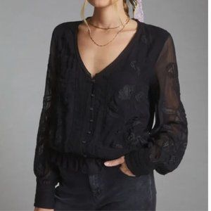 Anthropologie Embroidered Floral Button Down